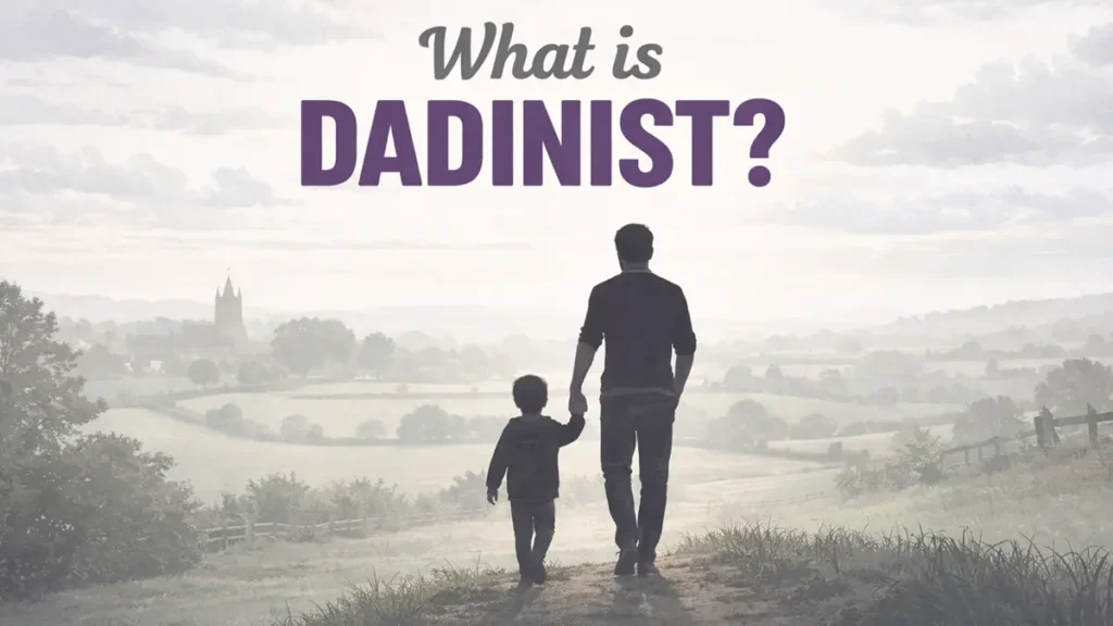 Father and child walking together along a countryside path, representing modern fatherhood and the Dadinist philosophy.