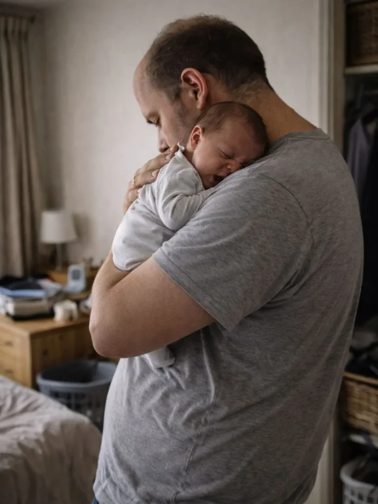 dad-holding-newborn-ordinary-moment Dad holding a newborn baby against his shoulder in a small, lived-in room.
